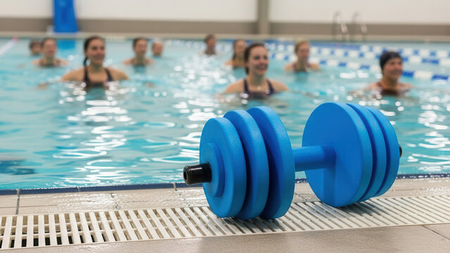 Blue buoyant aqua dumbbell near pool edge, water aerobics and community recreation in aquatic center