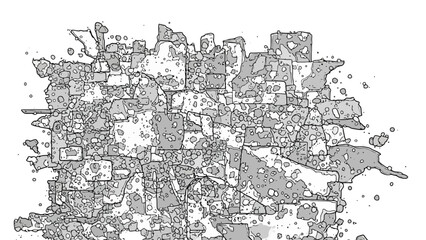 Fototapeta premium Abstract black and white line art of a chaotic urban city plan, a fragmented digital network grid