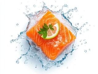 Fresh salmon slice with splash and lime garnish.