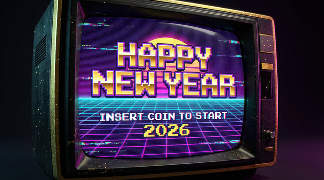 Retro CRT TV displaying a pixel art Happy New Year 2026 message in 80s synthwave style. Vintage arcade gaming concept with neon grid and Insert Coin text.
