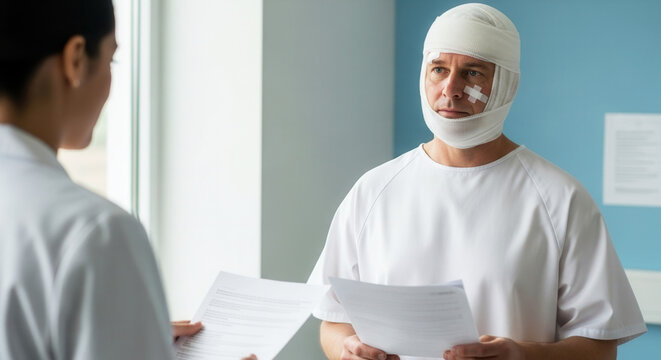 Bandaged face in hospital gown receiving instructions, patient care and recovery process in healthcare setting