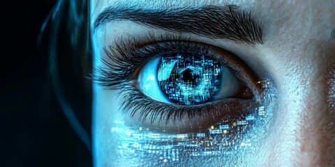 Futuristic Close-Up of an Eye with Advanced AI Technology and Data Visualization Elements Displayed