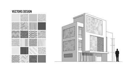 Sleek Modern Building Illustration Showcasing Varied Vector Patterns on its Facade, Ideal for Architectural Design Concepts and Urban Development
