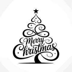 A black calligraphy design forms the shape of a Christmas tree with the words 'Merry Christmas' elegantly scripted