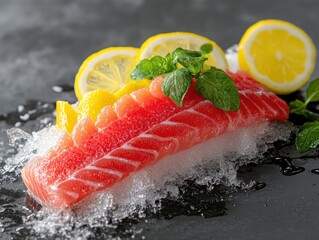 Fresh salmon with lemon and mint garnish.