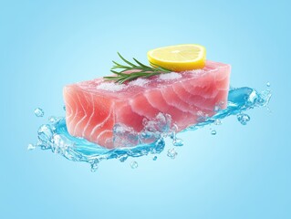 Fresh salmon with lemon slice and herbs.