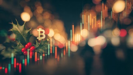 Golden Bitcoin Symbol on Holly with Blurred Festive Lights and Candlestick Chart, Symbolizing Crypto Finance During Holidays