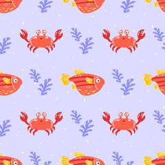 Seamless pattern with tropical fish and coral on lilac background. Playful underwater design for kids textiles, wrapping paper, and summer beach themes