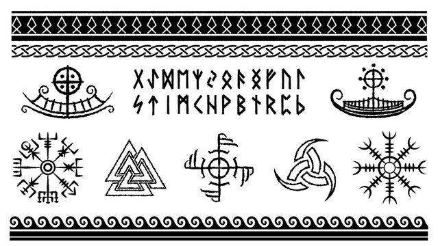 Norse Viking symbol set with Elder Futhark runes, hand drawn lines, ancient ornaments, ships and protective signs. Tribal Scandinavian icons for mythic design, history themes and tattoo style graphics
