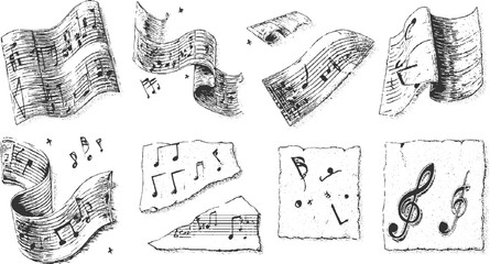 Collection of hand drawn musical notes and sheet music elements in black and white staff treble