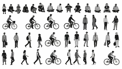 Collection of People Silhouettes in Various Activities Cycling, Walking, Sitting, and More