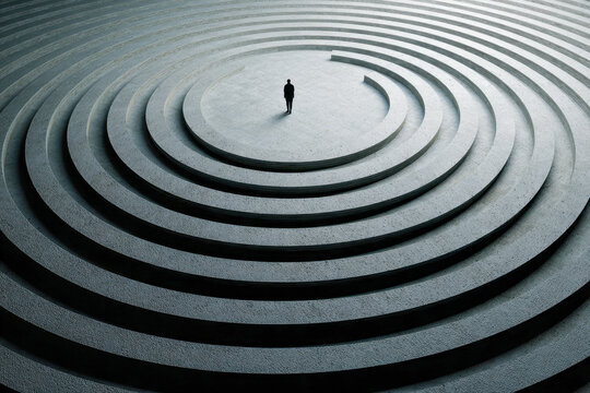 A lone figure stands at the center of a vast series of concentric circular steps, symbolizing isolation and contemplation within a minimalist concrete landscape
