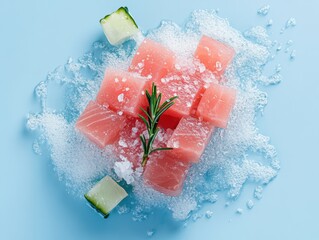 Fresh tuna cubes with ice and herbs.