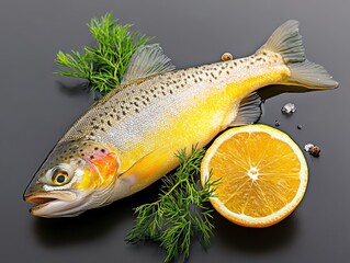 Fresh trout with herbs and orange slice.