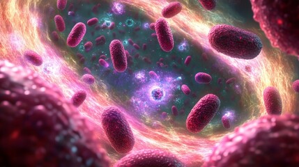 Intricate Cellular Interaction Under Microscope, Showcasing Red Blood Cells and Biological Systems