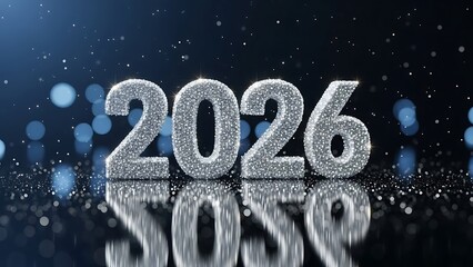 Sparkling silver 2026 numbers reflecting on a wet surface with bokeh lights