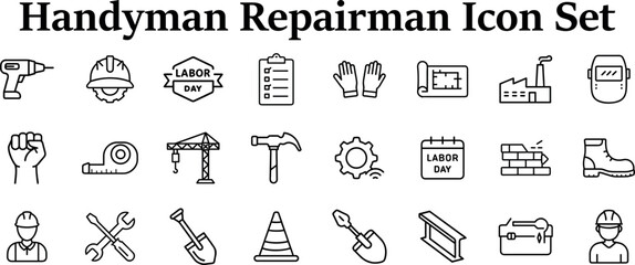 Collection of handyman and repairman icons featuring various tools and equipment for home maintenance and improvement projects
