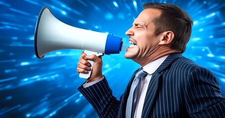 Man in suit yelling into megaphone against blue abstract background 4k video - Powered by Adobe