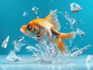 Goldfish leaping through water and ice shards.