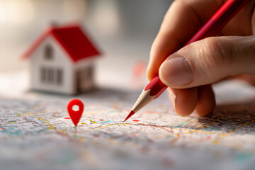 Hand holding red pencil marking location on map near red pin with miniature house model in background symbolizing real estate planning and property search concept