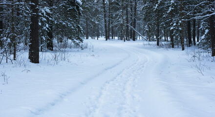 Obraz premium Rabbit tracks in forest, snowy trail and winter wildlife path in woodland