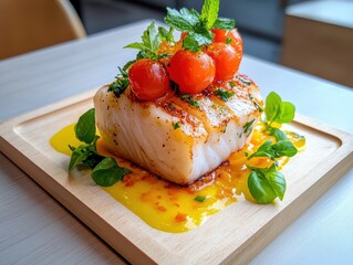 Gourmet fish dish with fresh herbs and tomatoes.