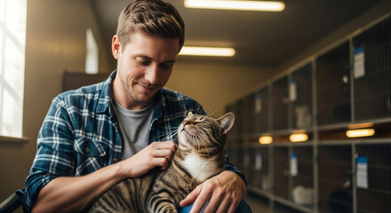Man sitting with shelter cat, pet adoption and animal companionship in rescue center