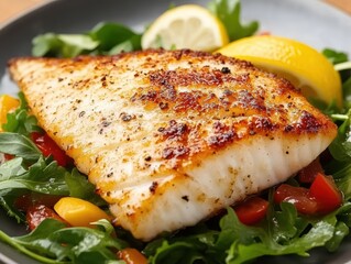 Grilled fish fillet served with fresh salad.