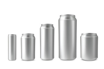A set of realistic aluminum beverage cans of various sizes and shapes.