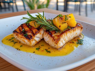 Grilled fish with herbs and pineapple garnish.