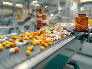 Pills on production line in a pharmaceutical plant