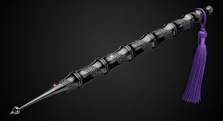 Elegant ornate ceremonial scepter with purple tassel on a dark background showcasing artistry and