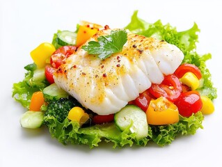 Healthy grilled fish on a fresh vegetable salad.