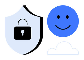 Cybersecurity concept. Shield with lock for protection, blue happy for user, and cloud symbol secure digital data. Cybersecurity for personal apps, cloud storage, fintech, data safety, digital