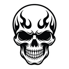 Obraz premium Black and white graphic illustration of a human skull with tribal flame design elements around the cranium