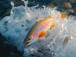 Trout jumping in clear water with splashes.