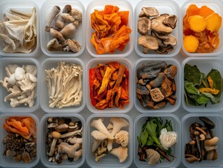 Variety of colorful mushrooms displayed.