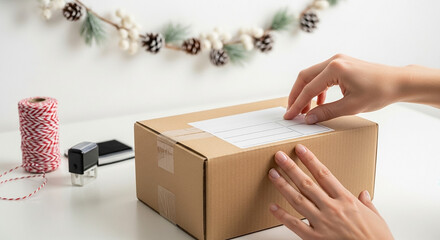 Cardboard parcel with address label on clean counter, shipping preparation and holiday packaging
