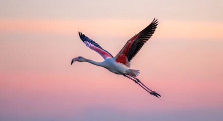 Obraz premium Flamingo soaring gracefully against a backdrop of soft pastel colors at twilight