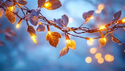 Enchanting winter magic celebration with golden glow from fairy lights illuminating trees outdoors