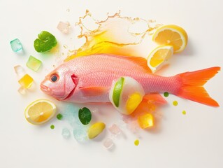 Vibrant fish with lemon and colorful ice elements.
