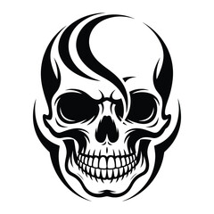 Fototapeta premium Tribal style human skull graphic design featuring bold black lines and stylized flamelike hair element for tattoo or emblem concept