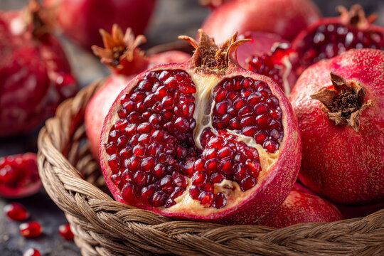 Basket filled with ripe pomegranates featuring a detailed view of juicy red seeds inside freshly cut fruit perfect for healthy snacking and cooking ingredients