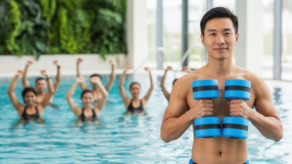 Fitness instructor holding foam dumbbells at indoor pool, aquatic exercise and group training session