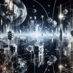 Fototapeta premium Futuristic Digital Cityscape with Geometric Network Elements