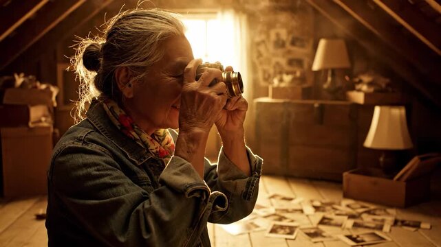 Examining old camera and photograph. Senior woman sits in attic surrounded by photograph. Grandmother smiles holding camera recalling memory and nostalgia. Portrait of elder reflecting on past memory.