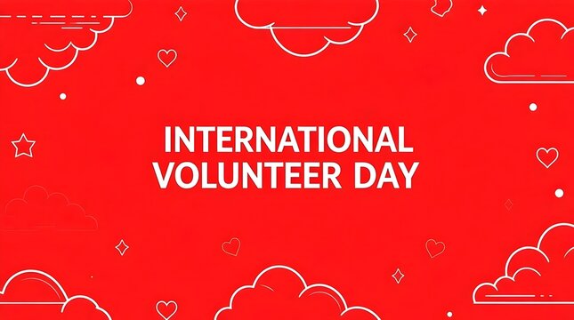 International volunteer day greeting card design with white outline cloud and heart shapes on a vibrant red background, celebrating global service and charity