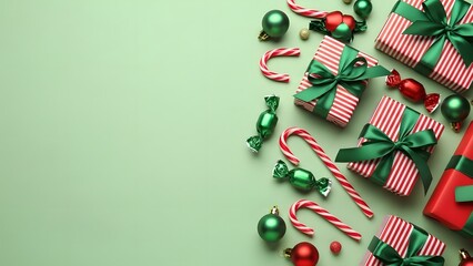 Obraz premium Festive christmas gifts and decorations on a green background