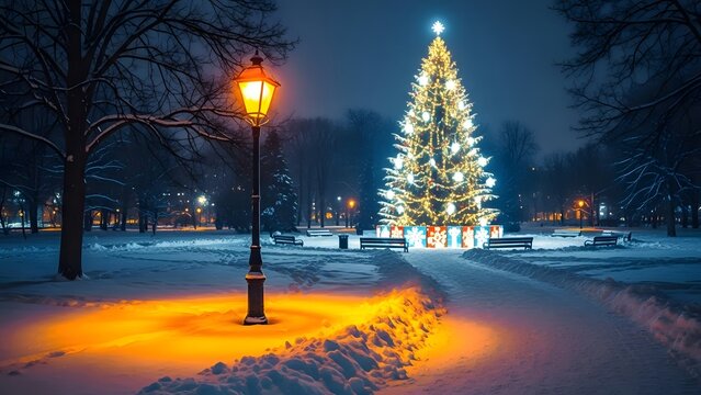 Christmas tree lights glow in snowy park at night