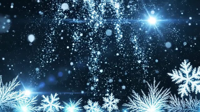 Abstract blue winter background with falling snow, sparkling particles, bright light flare, and frosty snowflake border
